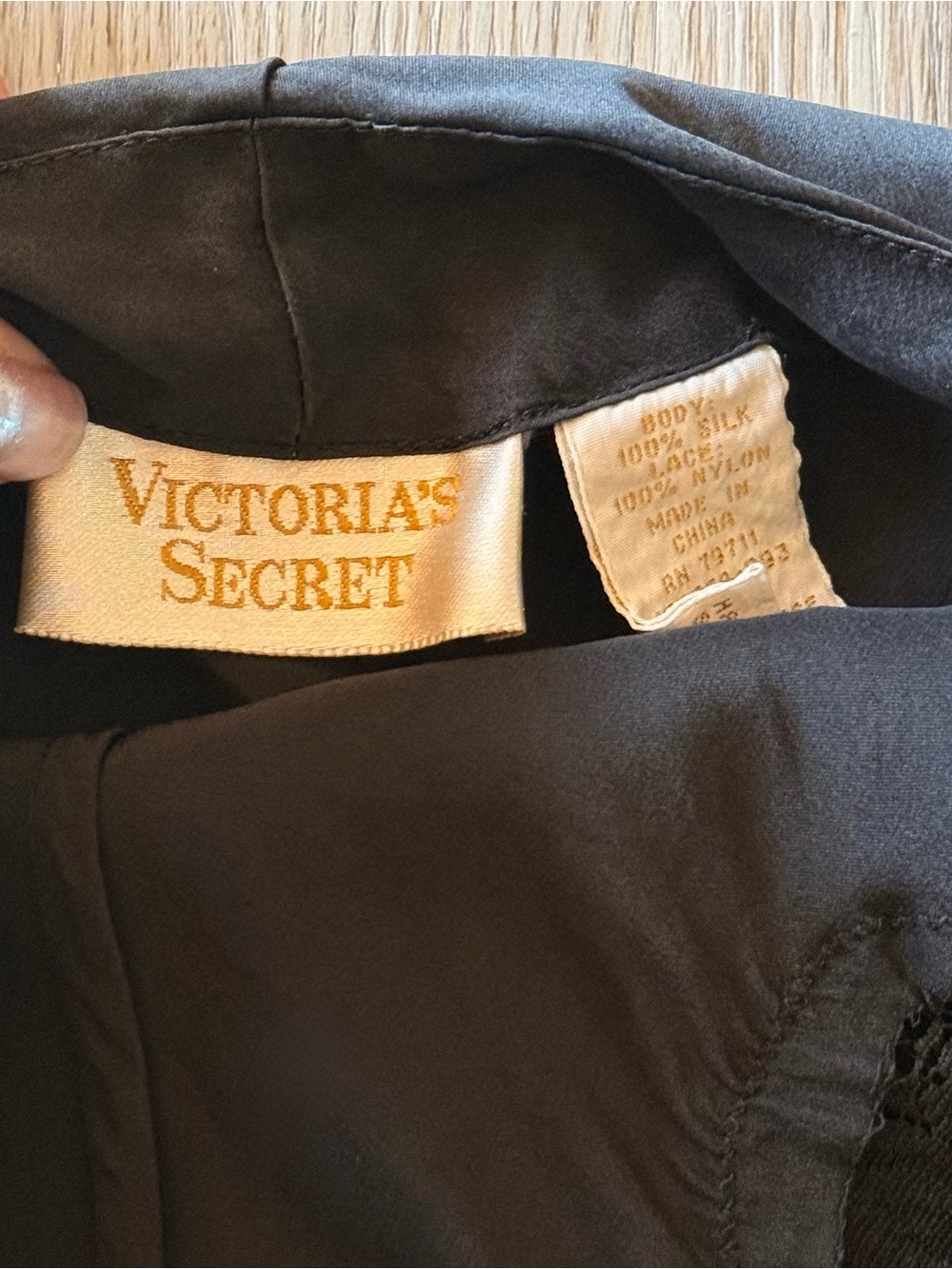 Vintage Victoria's Secret black maxi silk dress with lace trim and slit - Picture 5 of 8